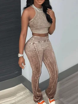 Düz iki adet pantolon takım elbise kaburga örgü haki 2 adet kıyafetler kolsuz kazak kırpma üst ve dikiş pantolon