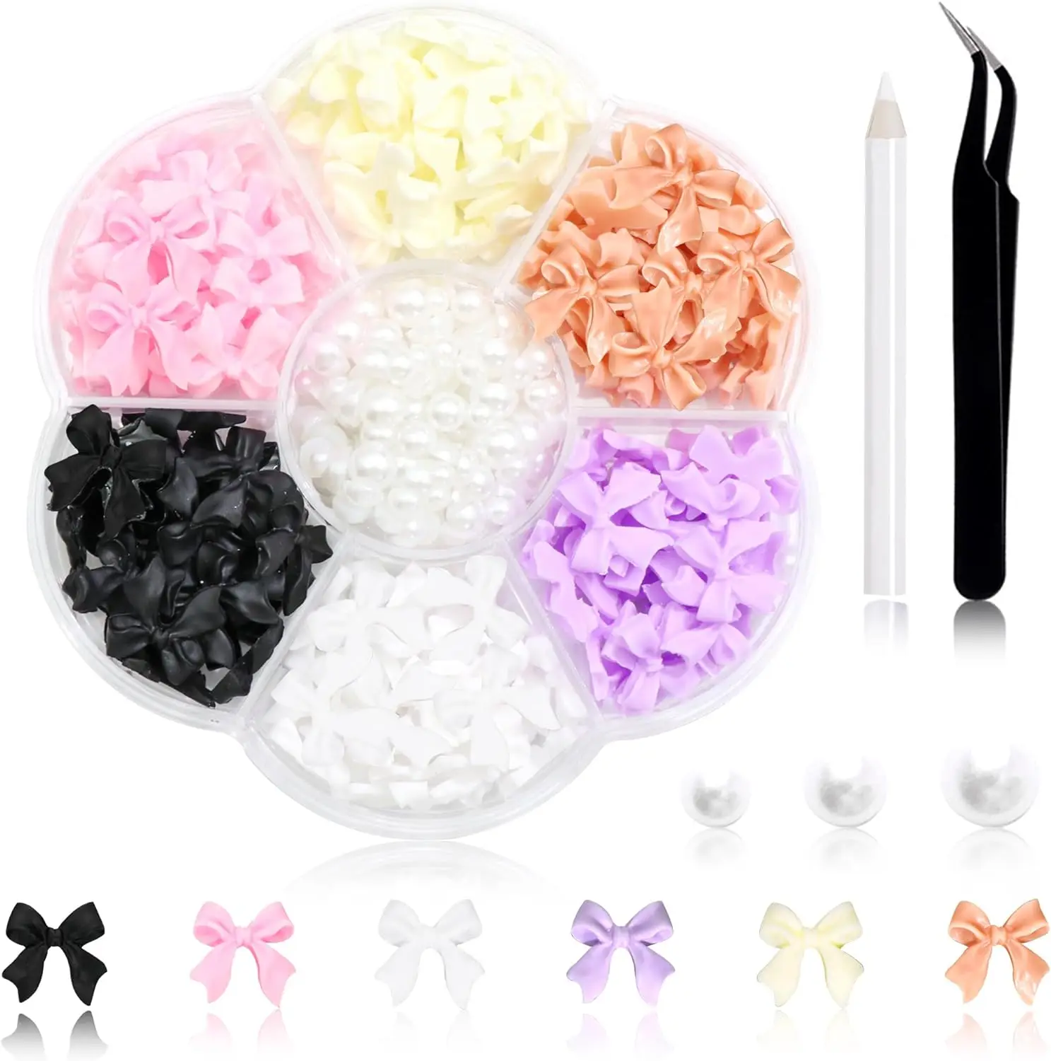 1 doos 3D strik nagelbedels en plaksteen parels set 1, 120 stuks schattige strikbedels in 6 kleuren voor nagelontwerp + witte nagelparels