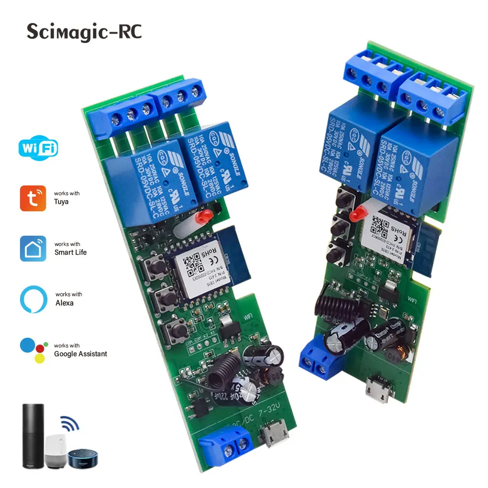 Tuya Smart Home 2CH Wifi Motor Forward Reverse Switch DC 12V 24V 32V 110V 220V, 2-kanałowy moduł przekaźnika, Alexa Voice Remote Control