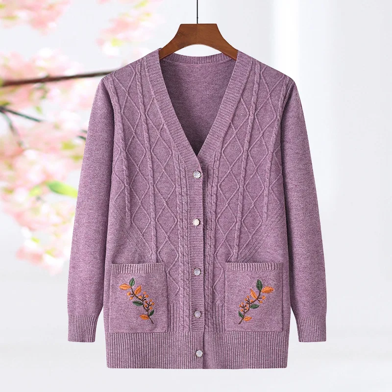 Vintage Women\'s Autumn Winter V Neck Long Sleeve Cardigan Sweater Knitted Coats Fashion Casual Tops Middle Aged Mother Jacket