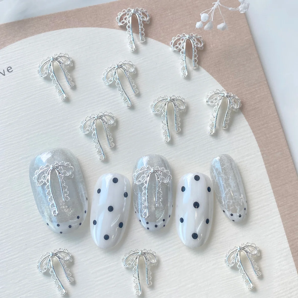 20PCS Acessórios de Manicure em Metal Prata 3D Estilo Francês, Decoração de Unhas com Laços e Charms de Renda