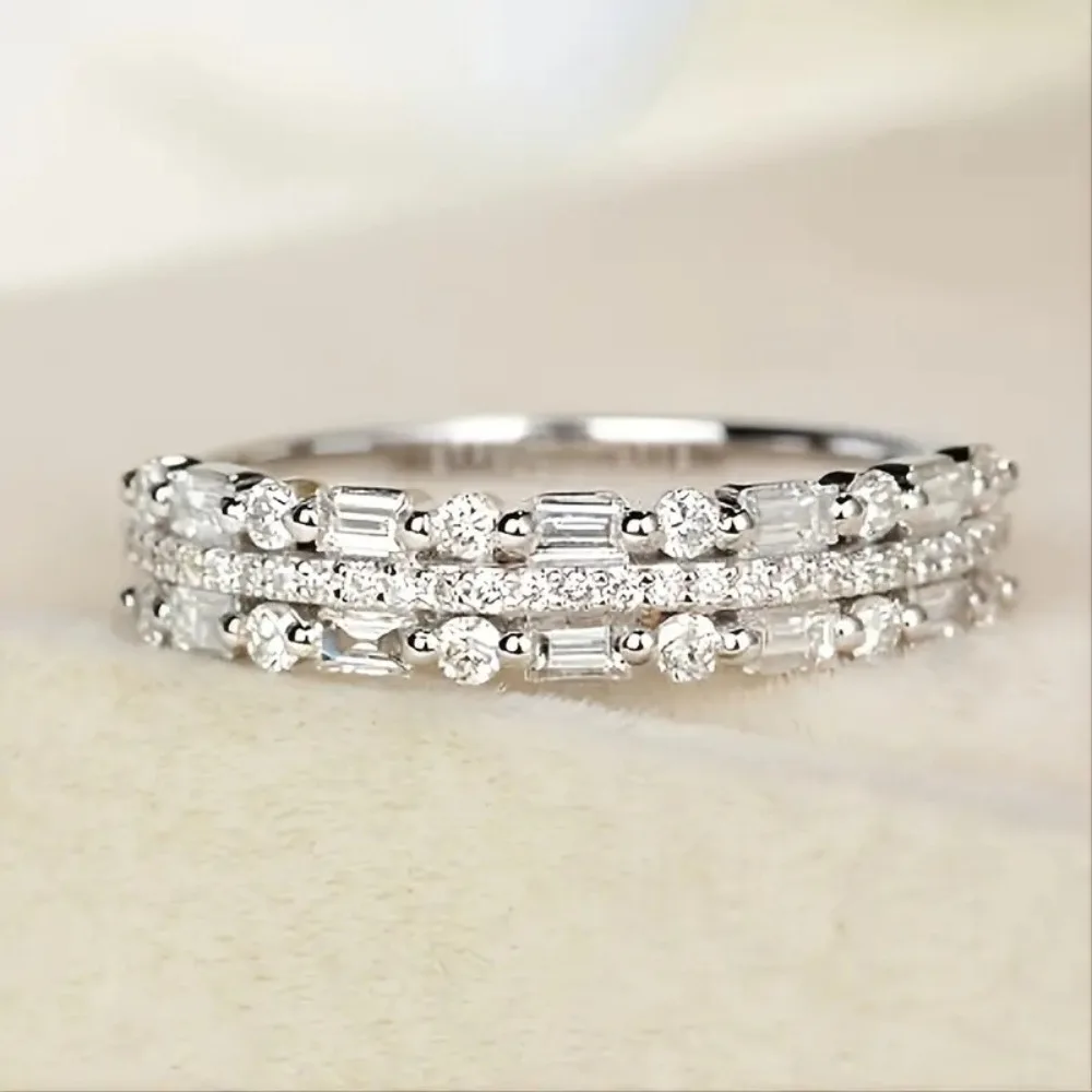 Exquisite Super Shiny High Quality 5A Zircon Three Layers Fine Circular Lines Rings for Women Stainless Steel Finger Jewelry