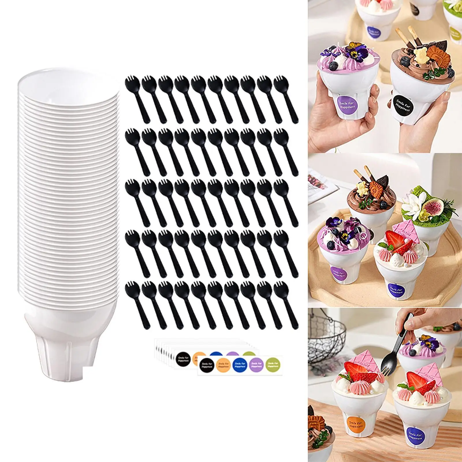 

50Pcs Pet Ice Cream Cups with Spoons for Catered Presentations Dessert Bowls
