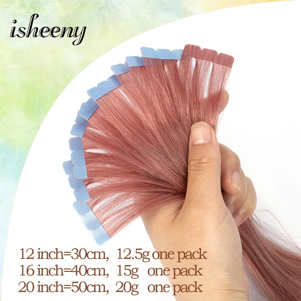 Isheeny ruban rose Pastel dans les Extensions de cheveux humains 10 pièces/pck Mini bande cheveux sur colle 12 16 20 pouces pièces de cheveux de couleur fantaisie