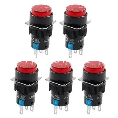 

DC 12V 5P Red Light Momentary Panel Mount Round Push Button Switches 16mm Mounting Hole