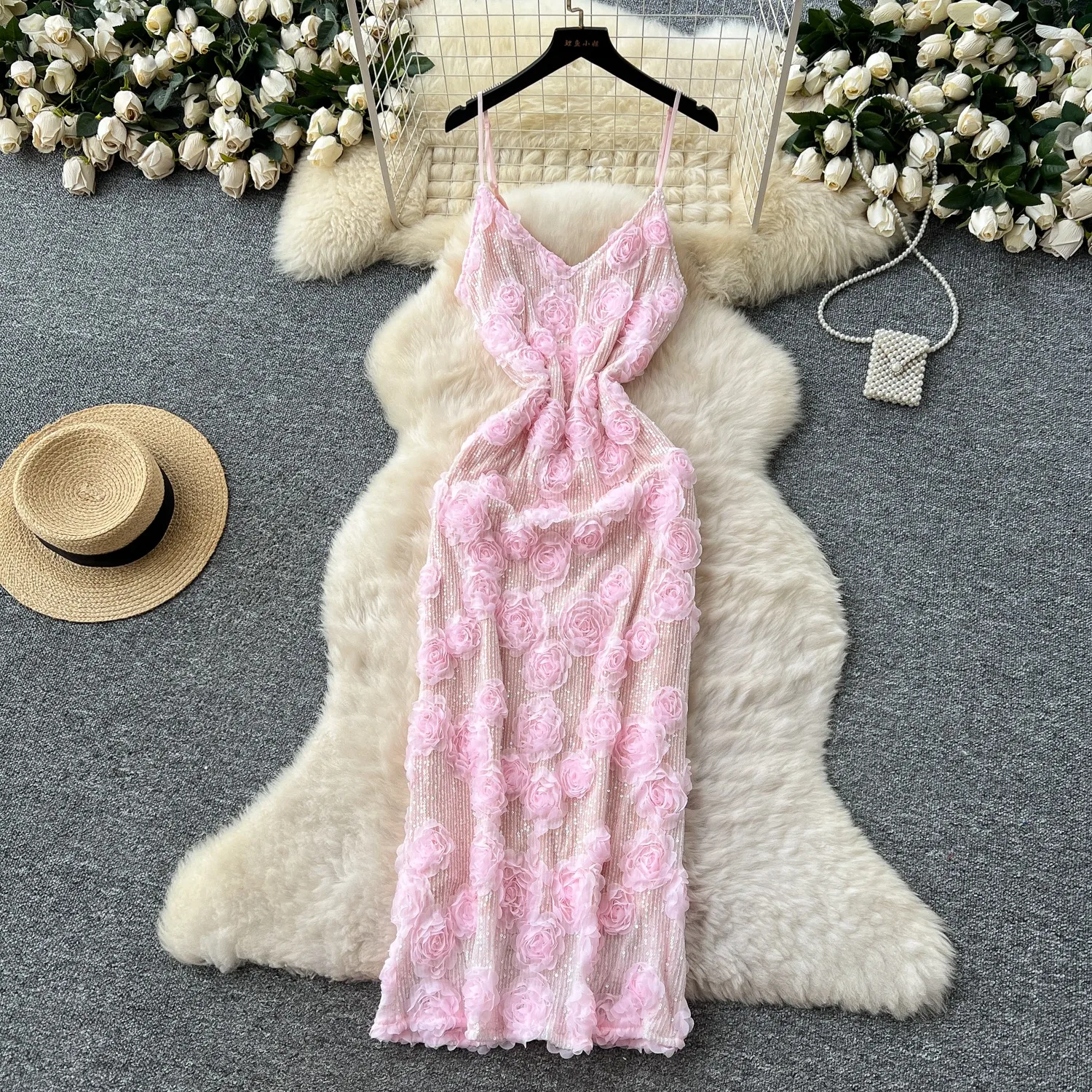 

Women Chic Sequin Glitter Three-Dimensional Pleated Sexy Slim Bodycon Vintage Fashion Elegant Hip Wrap Dresses Pencil Dress