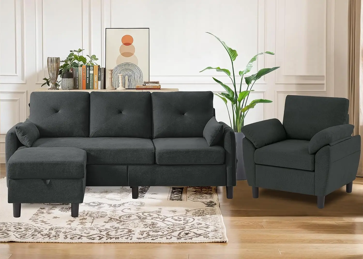 2 PCS Sectional Sofa Set Convertible & Accent Chair Small 3 Seat L Shaped Couch with Storage Ottoman & Side Pockets Modern for L