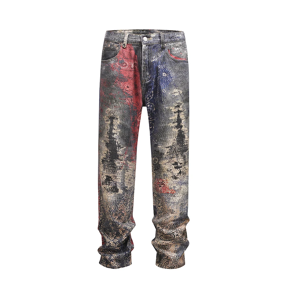 

New Cashew Print Distressed Casual Baggy Jeans for Men and Women Streetwear Ripped Ropa Hombre Denim Trouses Oversized Cargos