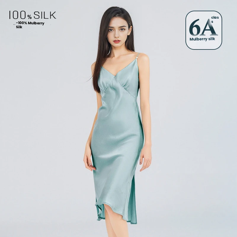 Women 100% Mulberry Silk Women Maxi Slip Nightdress Sexy Backless Side Slit Cami Long Dress Luxury Summer Sleepwear
