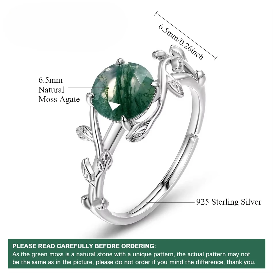 ALLNOEL Solid 925 Sterling Silver Natural Green Moss Agate Rings for Women Unique Gemstone Fine Jewelry Branch Vine Healing Gift