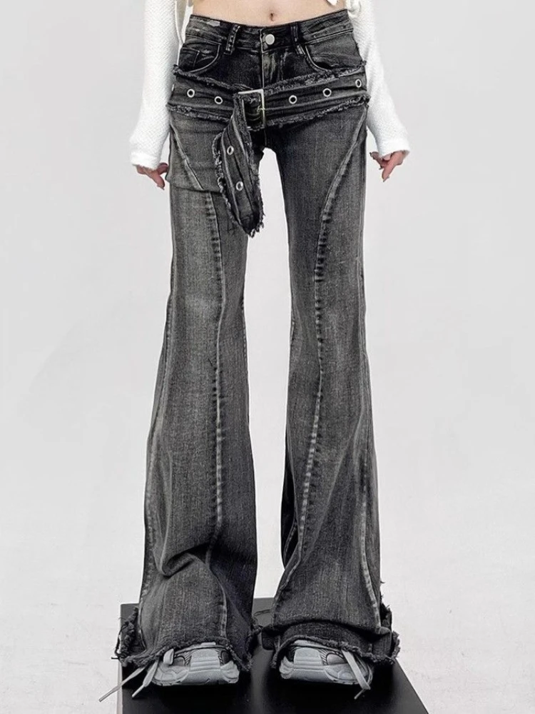 High Street Vintage Bell Bottom Jeans Early Autumn Denim Pants for Women Y2k Slim Fit Aesthetic Grunge Wide Leg Pant Gothic