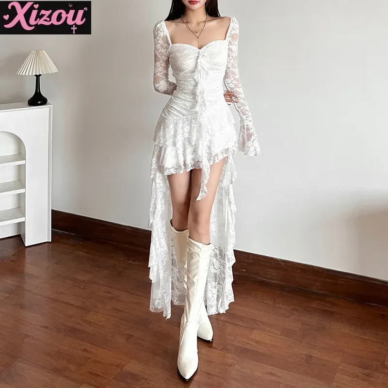 

Fairycore Lace Flare Sleeve Square Neck A-line Dress Sweet E-girl Irregular Long Hem Dresses Cyber Y2K Party Vestido