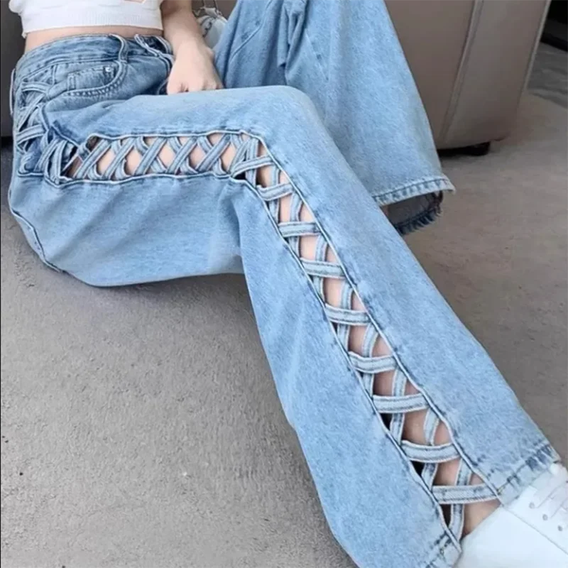 

High-Waist Loose Fit Hollow out Side-Designed Denim Jeans Straight Leg Spring Summer New Style Versatile Long Pants