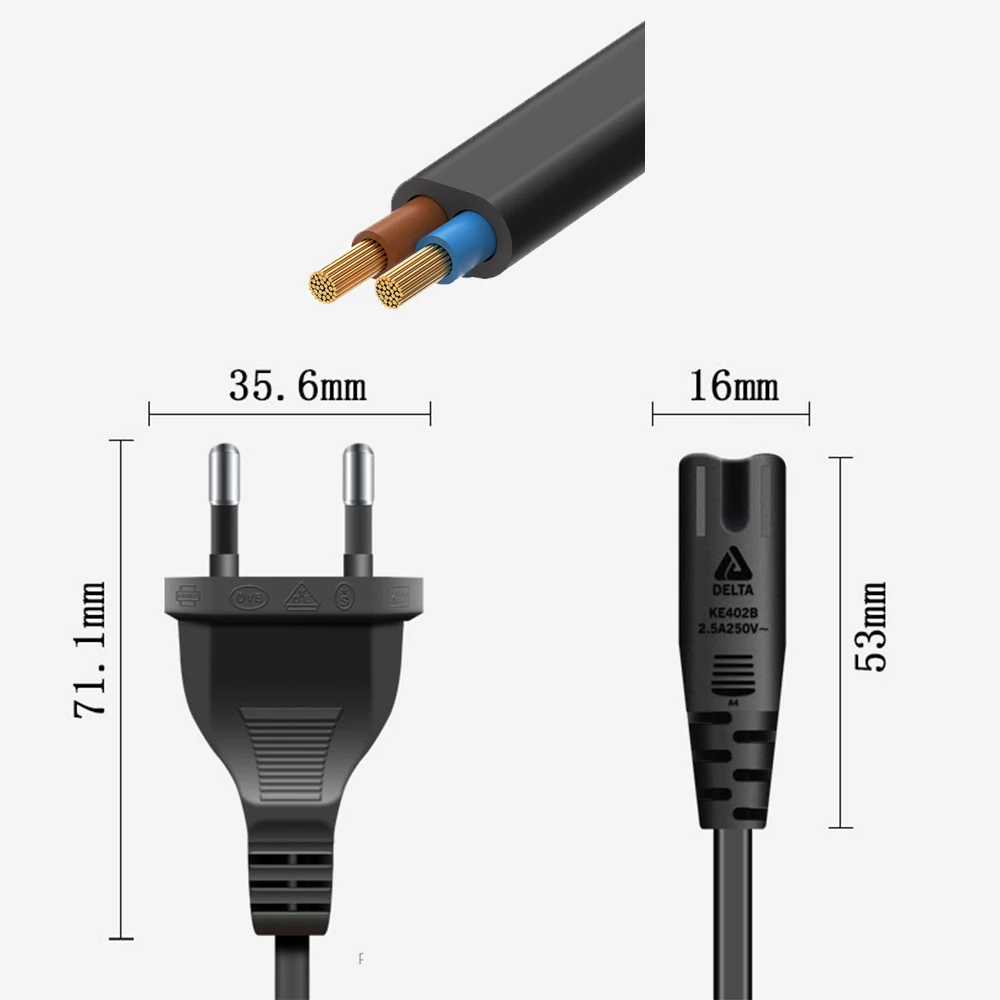 EU Power Cable 2 Porng Extension Cord C7 Figure 8 Euro Power Cord For Samsung LG Sony TV Monitor Power Supply PS3 XBox Charger