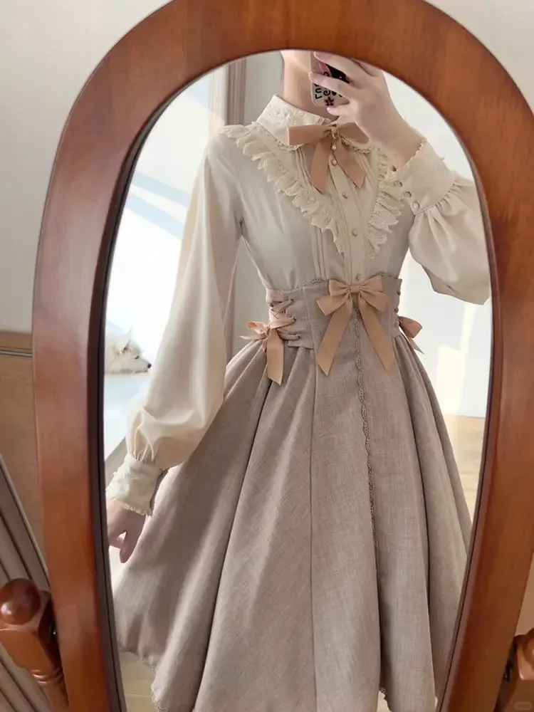

Y2k Harajuku Sweet Bow Lolita Женская рубашка с тонкой талией в стиле гранж, субкультурные юбки средней длины с высокой талией, 2035, новые комплекты из двух предметов
