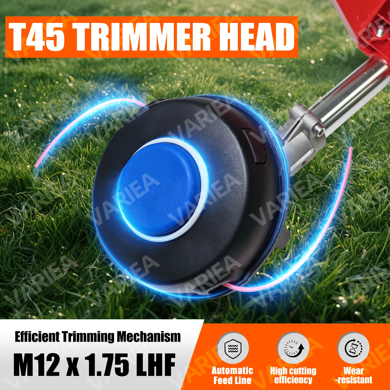 VARIEA-T45 dual-line trimmer head, along with trimming heads and grass cutting accessories, features a thread size of M12*1.75LH