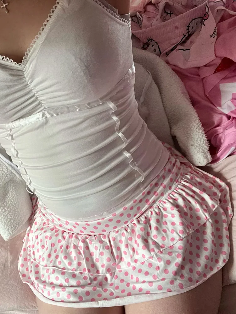 Summer Women Y2K Coquette Sweet Streetwear Casual Pink Polka Dot Print Low Waist Double Layer Ruffled Slim Fit A-Line Mini Skirt