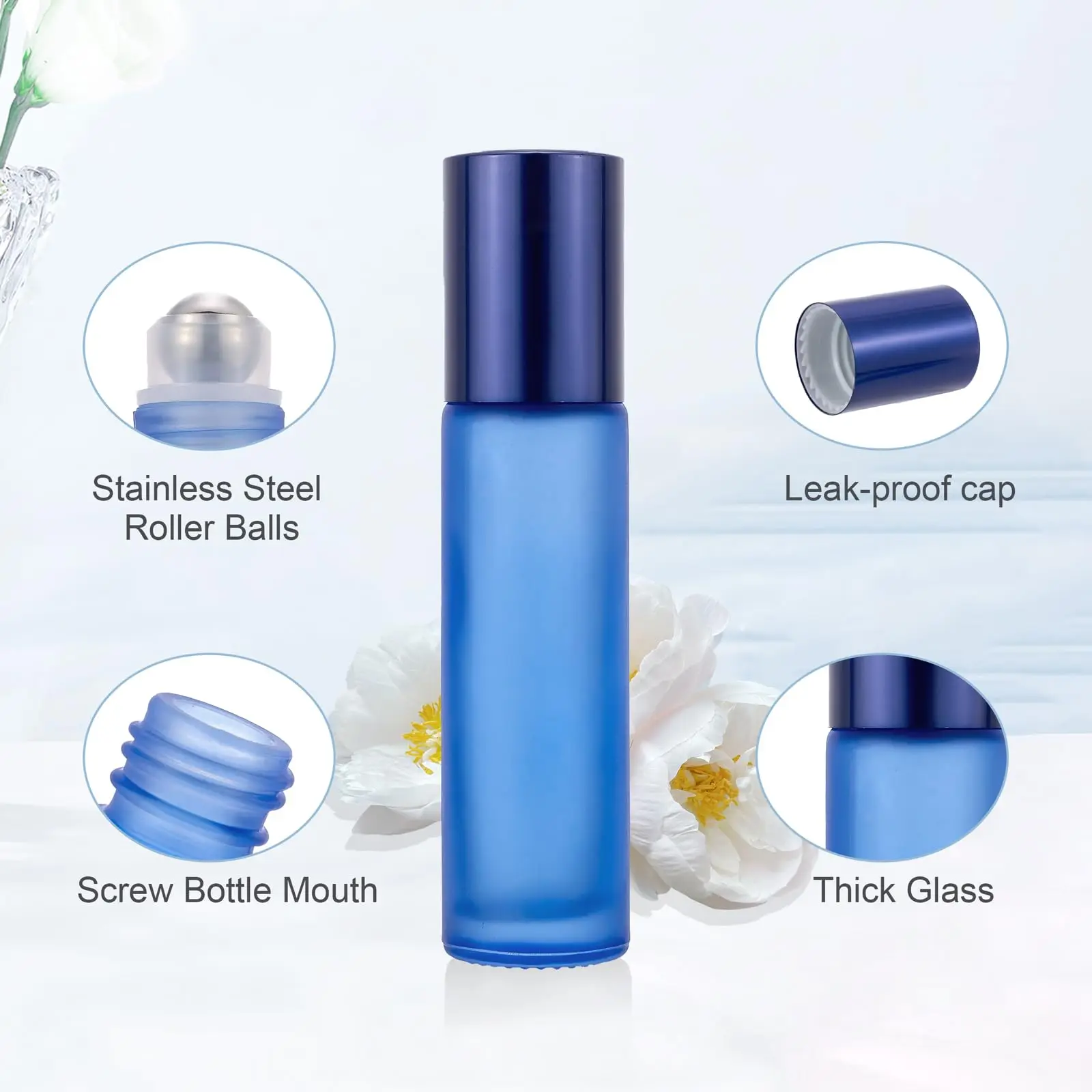 10 sztuk niebieskich szklanych butelek z kulką, 10 ml butelek na olejki eteryczne wielokrotnego użytku ze stali nierdzewnej, mini olejek pod oczy do podróży/domu