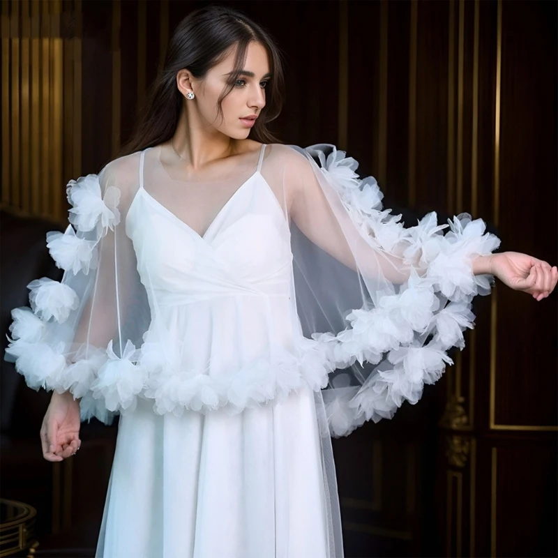 Châle mariage blanc transparent, multifonctionnel, à bord floral, pour habiller les tenues mariée