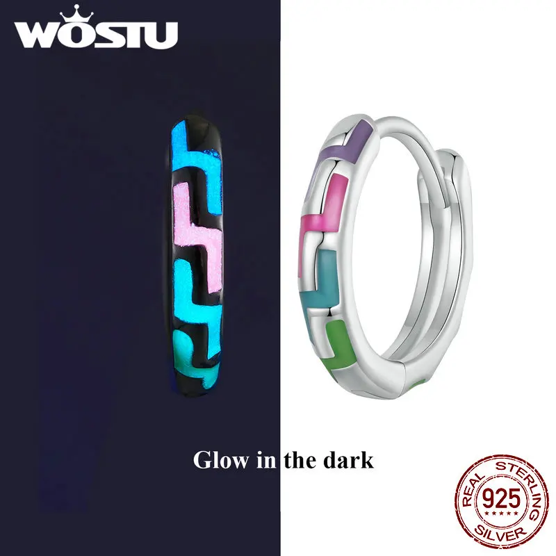 WOSTU 925 Sterling Silver Unique Luminous Neon Cyber Punk Hoop Earrings For Women Girl Rainbow Color Ear Buckle Glow in the Dark