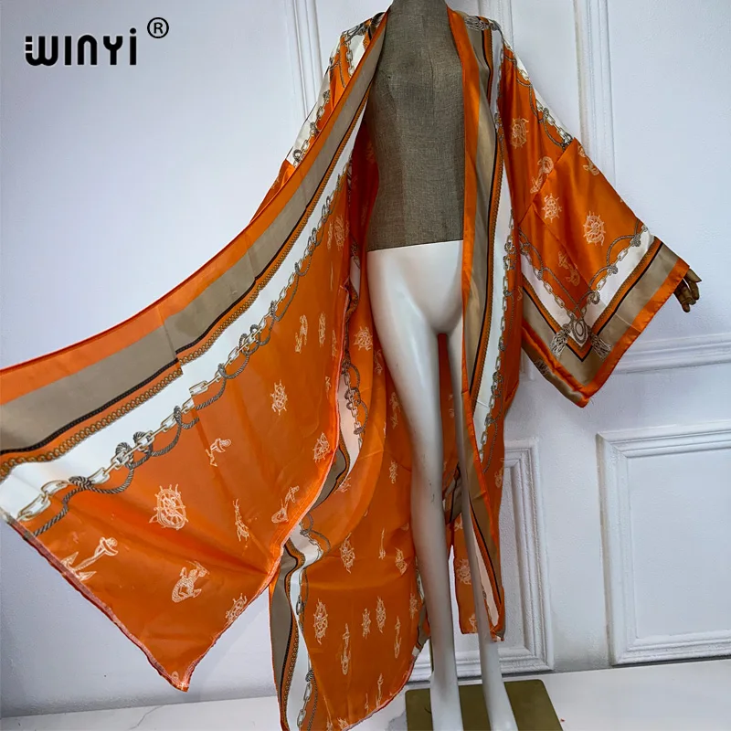 WINYI-Boêmia Feminina Estampa de Manga Longa Quimono Cardigan, Caftan Feminino, Abaya, Roupas de Praia, Cobrir, Boho Vestido Maxi, Verão