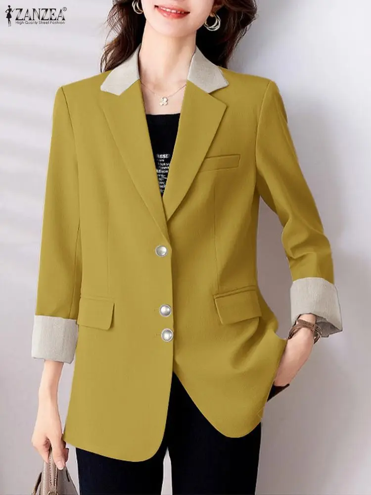 

ZANZEA 2025 Autumn Elegant Lapel Neck Long Sleeve Blazer Jackets Office Women Blazer Outwears Korean Stylish Patchwork Suit Coat