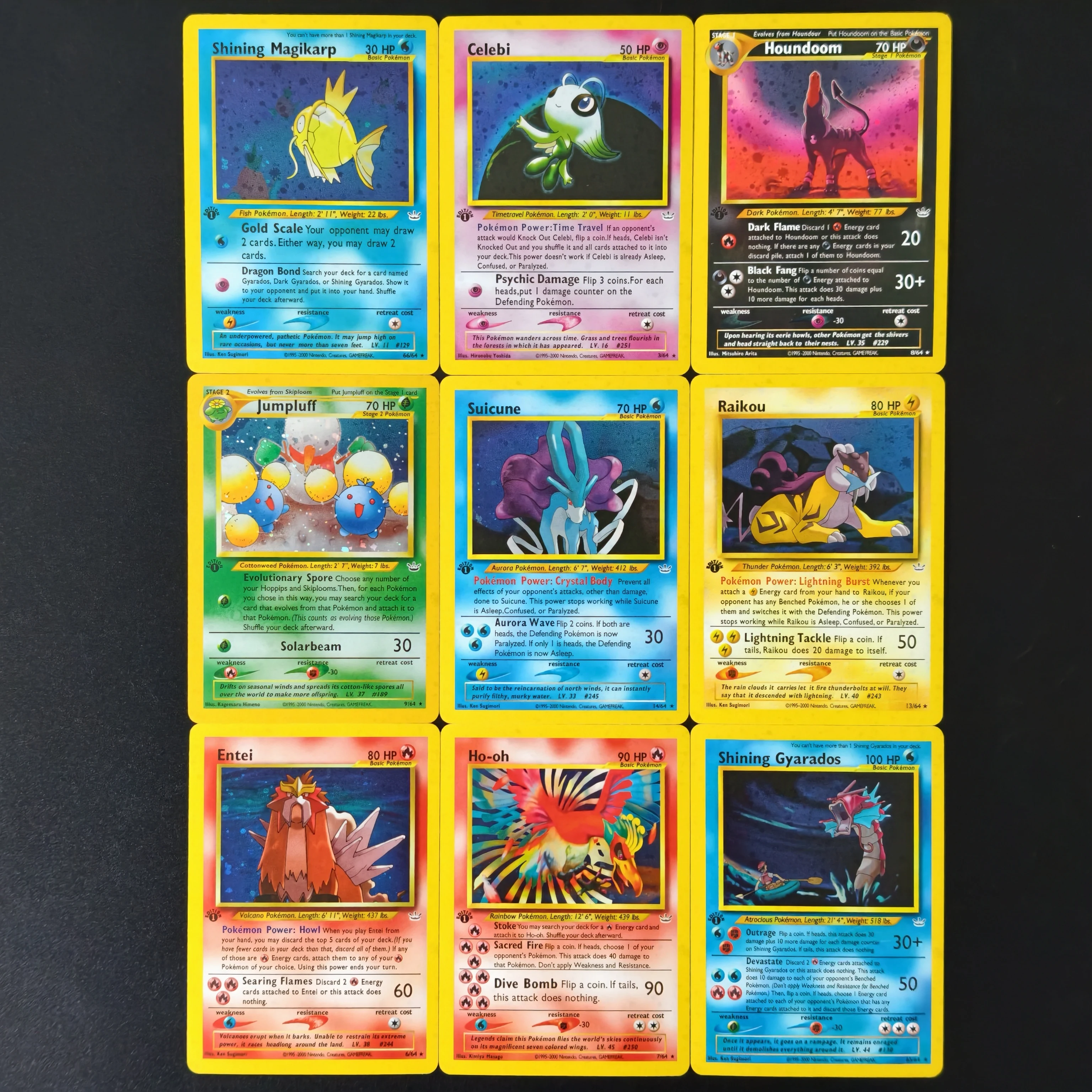 9 Stück PKM Neo Revelation Shining & Johto Legend Holo Karten Englische Proxy TCG Shining Magikarp Gyarados Celebi Karten Geschenk