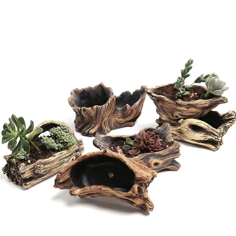 Succulent Flower Pot Wood Tree Root Planter Creative Micro Landscape Small Porous Flower Resin Succulent Vase Decoration