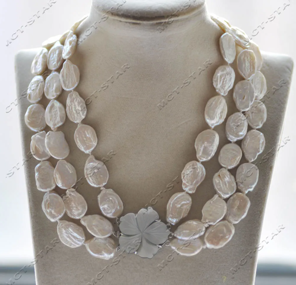 

MTC·STAR Z12874 Luster 3Row 18" 19mm White Ellipsoid Coin Pearl Necklace