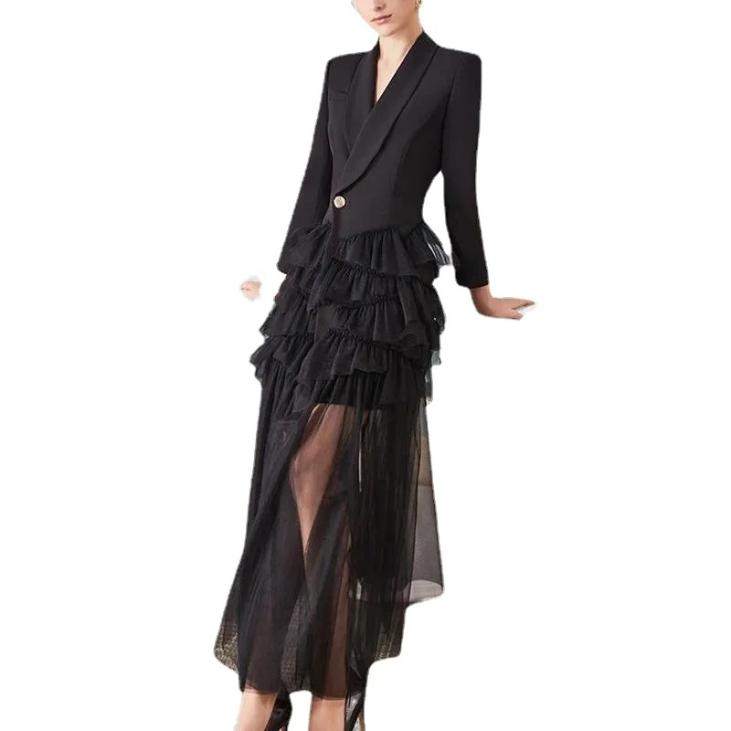 Robe Blazer à manches longues pour femmes, panneau en Tulle, robe de soirée élégante, Style britannique, vêtements de cérémonie ​
