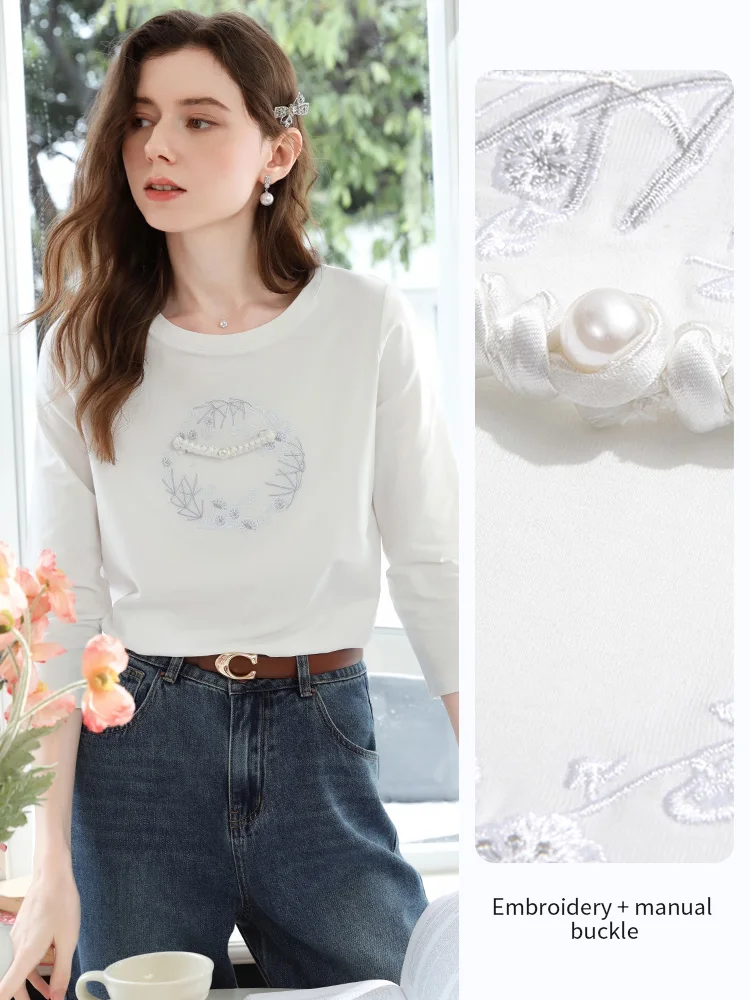 Eu acredito você camiseta para mulher branco bordado estilo chinês fivela outono 2025 elegante manga de sete quartos camisetas 2253016100