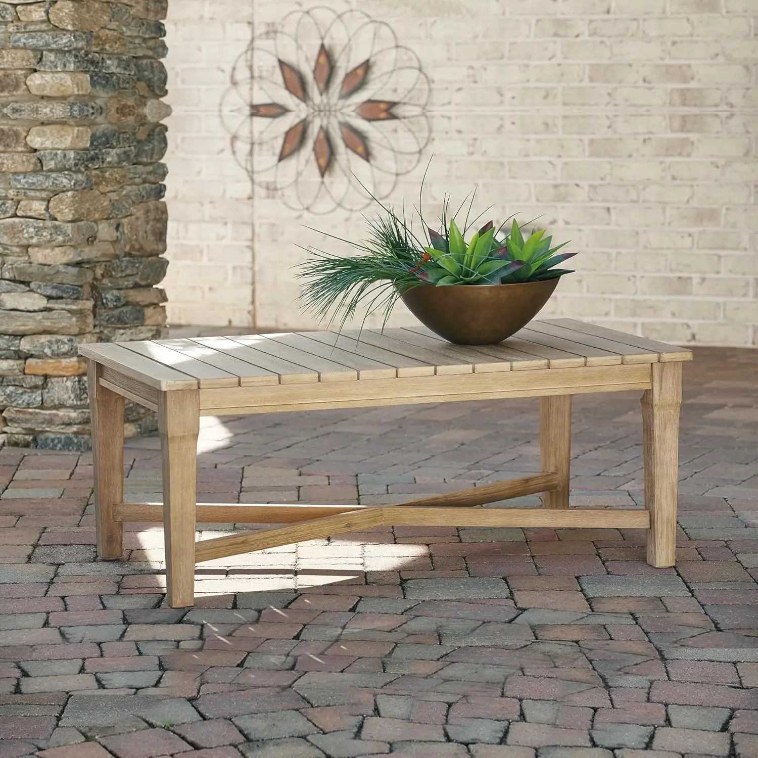 [New Arrival!]Outdoor Eucalyptus Carter Hall Patio Coffee Table, Beige