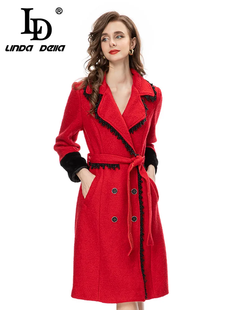 LD LINDA DELLA 2023 winter Designer Casual Coat Women\'s Splice Long Sleeve Extravagant Beading Lacing waist Button warm Coat