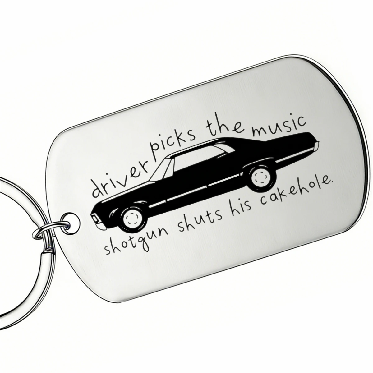 1Pc Funny Quote Car Keychain Driver Picks The Music Hand‑drawn Impala Car Silhouette Stainless Steel Key Ring Fan Souvenir Gift