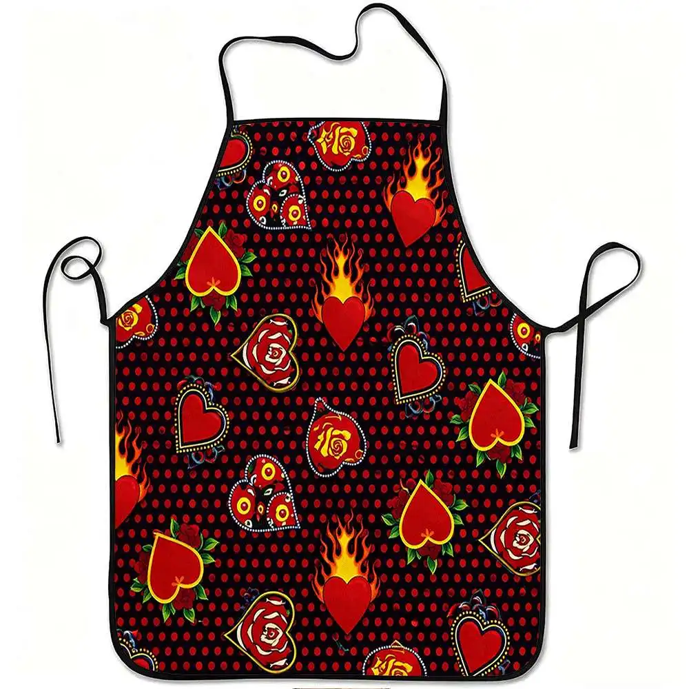 1pc Flaming Heart and Rose Print Apron, Durable and Easy to Clean, Adjustable Waistband, Polyester Material, for Kitchen Cooking