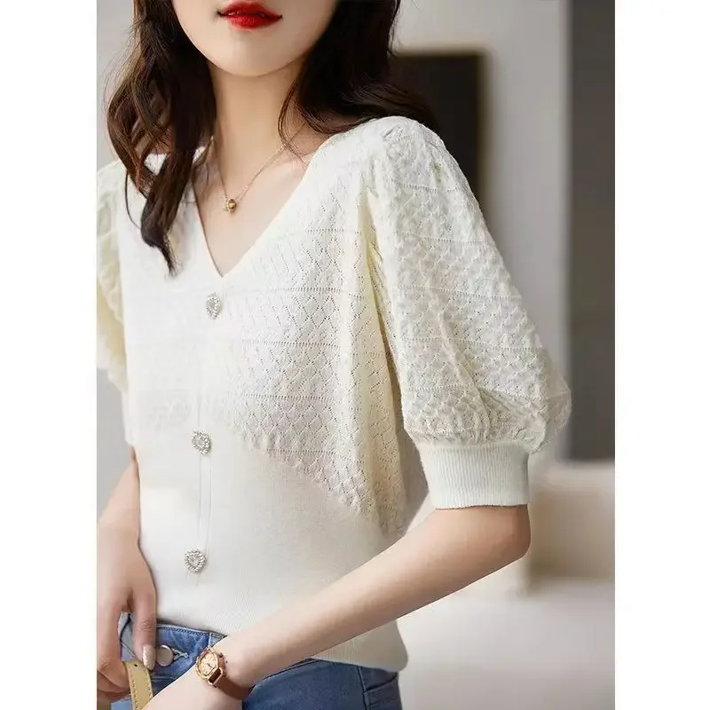 Luxury Women's Clothing Summer V-neck Knit Tops Short Sleeve T-shirt Button Solid Design Knitwear Pullover Black White Pink Tops