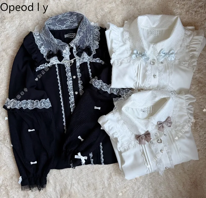 

2026 Spring and Summer New Sweet Love Pearl Pendant Lace Bow Shirt Japanese Mass-produced Cute Girl Women's Long-sleeved Blouse