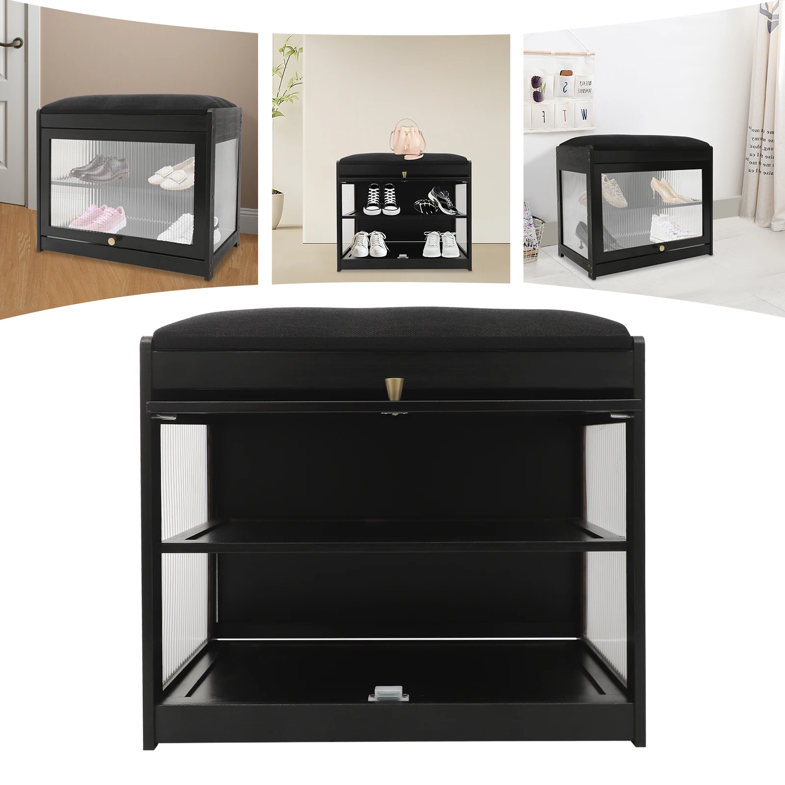 

Entryway Shoe Bench - Black Shoe Rack Bench with Cushion, 2-Tier Storage 165.35lbs Load 50x32x44cm Acrylic Door & Magnetic Hinge