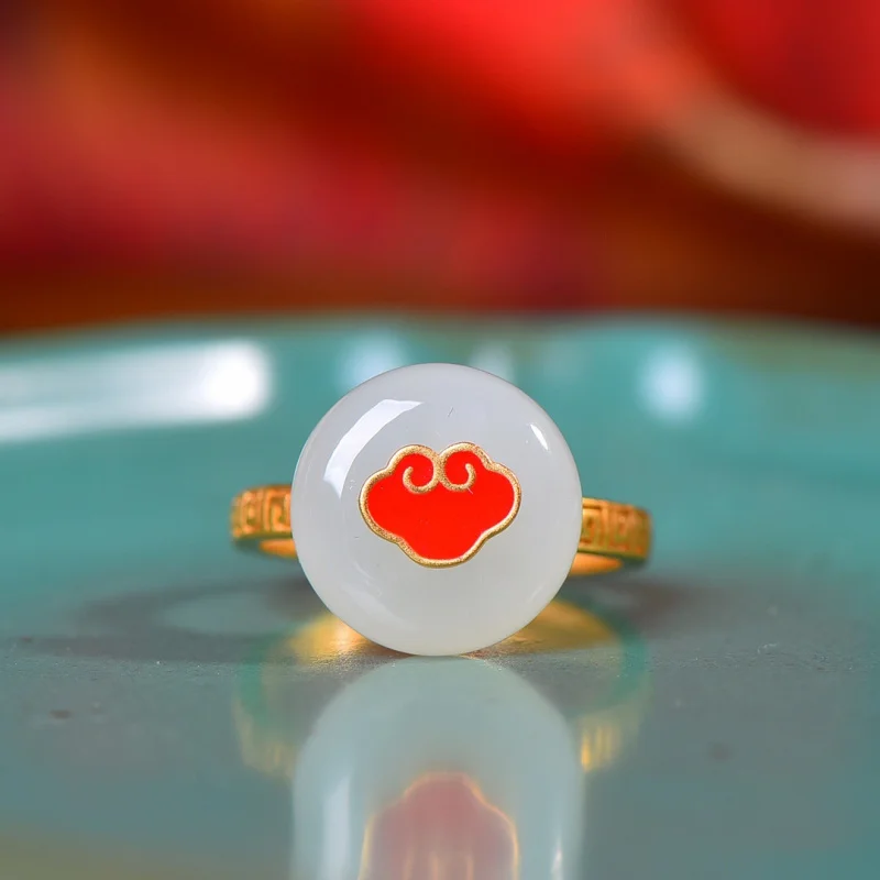 

S925 Silver Inlaid Hetian White Jade Peace Good Luck Comes Women'S Ring