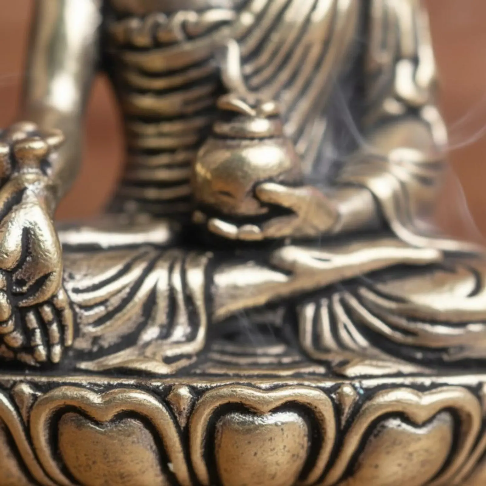 Brass Therapeutic Buddha Statue Artisanal Seated Buddha Sculpture on Lotus Base Home Decoration Vintage Design for Buddhists - view 4