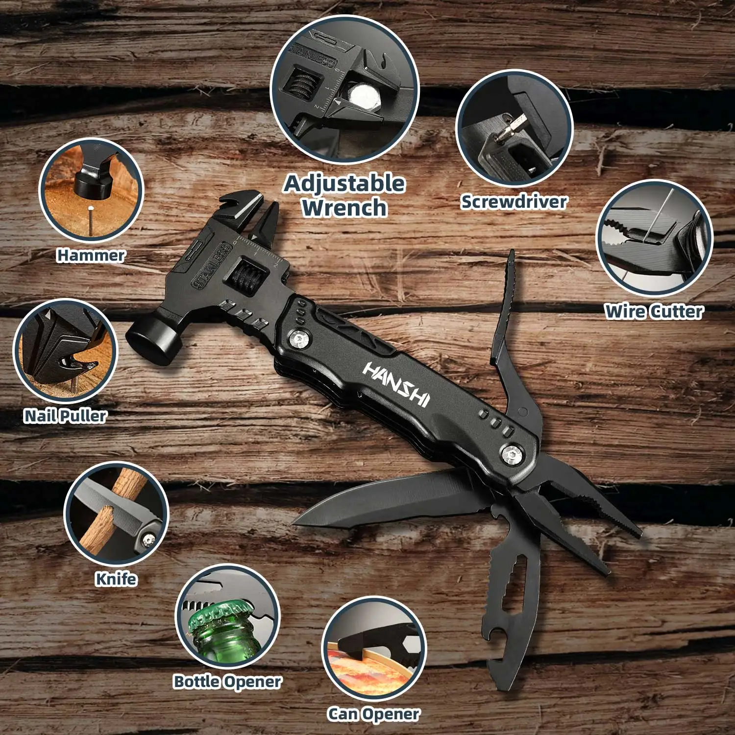 Hanshi 16 in 1 verstellbarer Schraubens chl üssel Multi tool EDC Multi-Tool mit Hammer für Outdoor-Überlebens tasche Multifunktion zange