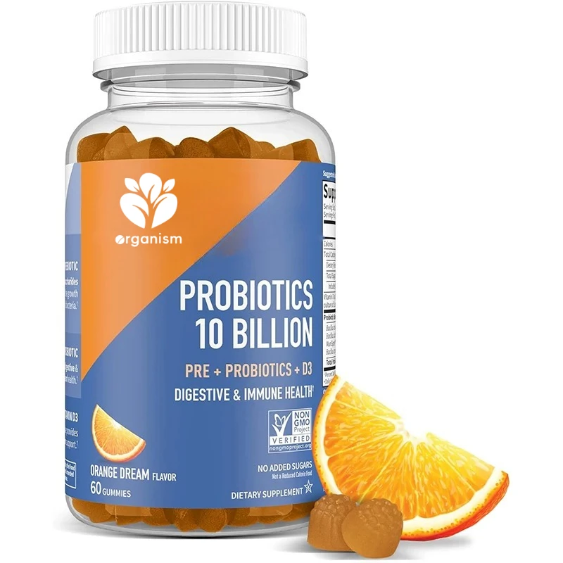 

10 billion CFU prebiotic fiber gummies, containing vitamin D3, for digestive and immune health - Orange flavor, 60 gummies