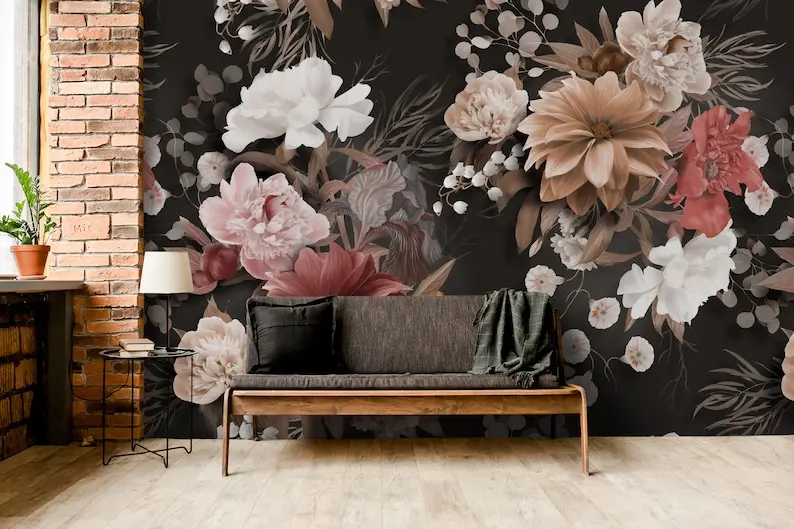 Dark Floral Wallpaper Realistic Flower Wall Mural Peel and Stick