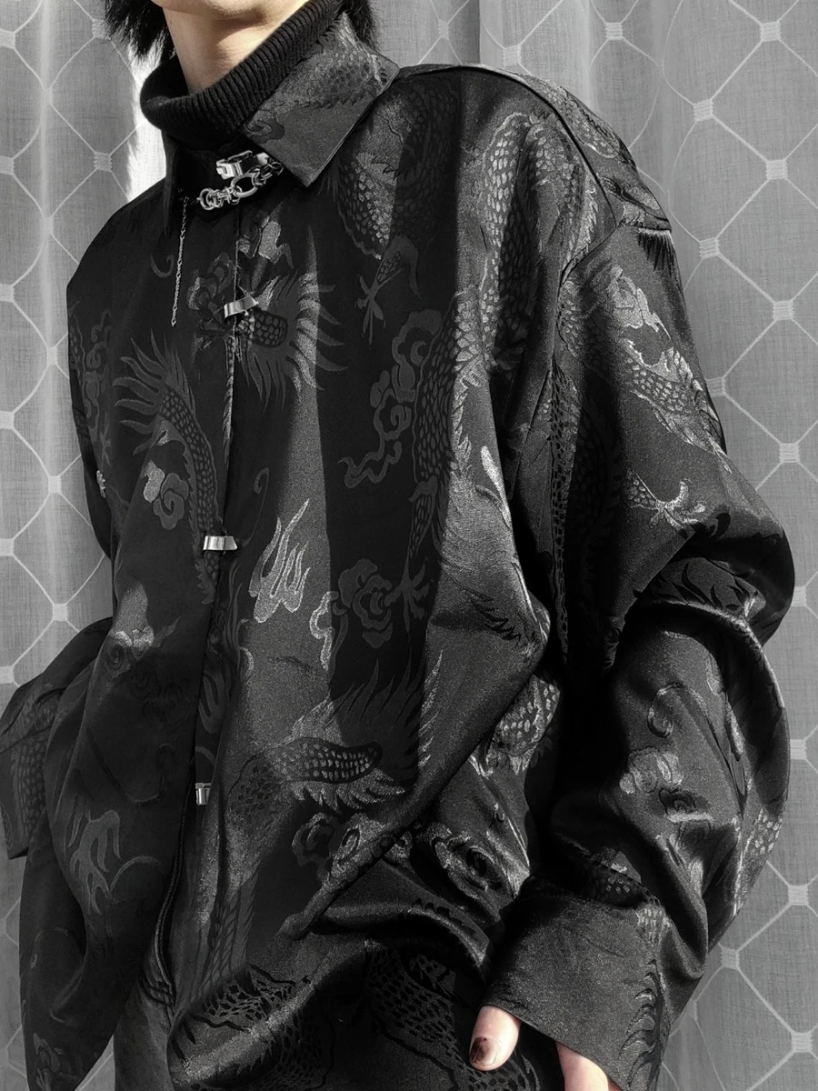 

Dragon Pattern Silk Shirt Metal Button No Ironing Loose Fit Tang Costume Shirt New Chinese Style Dark Monastic System
