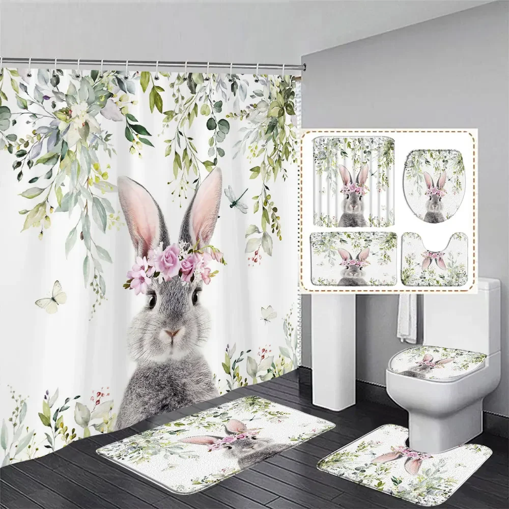 Easter Fun Bathroom Shower Curtain and Rug Set Happy Bunny Eggs Botanical Floral Washable Shower Curtain Bath Mat Bathroom Decor