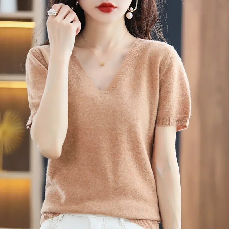 Spring Summer Women Sweater Knit Tshirts V-neck Short Sleeve Knitwears Korean Fashion Pullovers Solid Bottoming Shirt Jumper