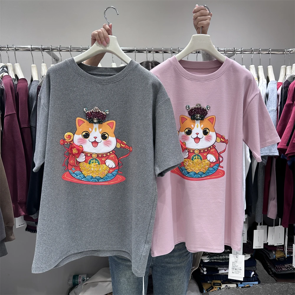 Retro Cartoon Fun Lucky Cat Short Sleeve T-Shirt Women Vintage Embroidered 2025 New Round Neck Women's Top Kawaii Clothes