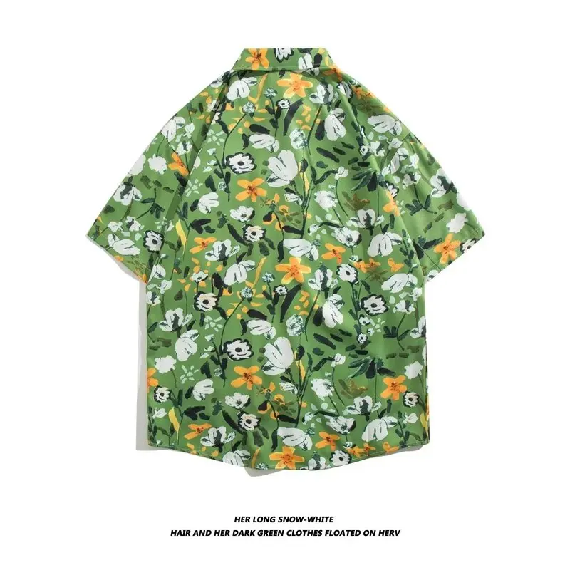 Verde rosa floral imprimir praia aloha camisas masculina 2023 verão casual manga curta camisa havaiana roupas de festa