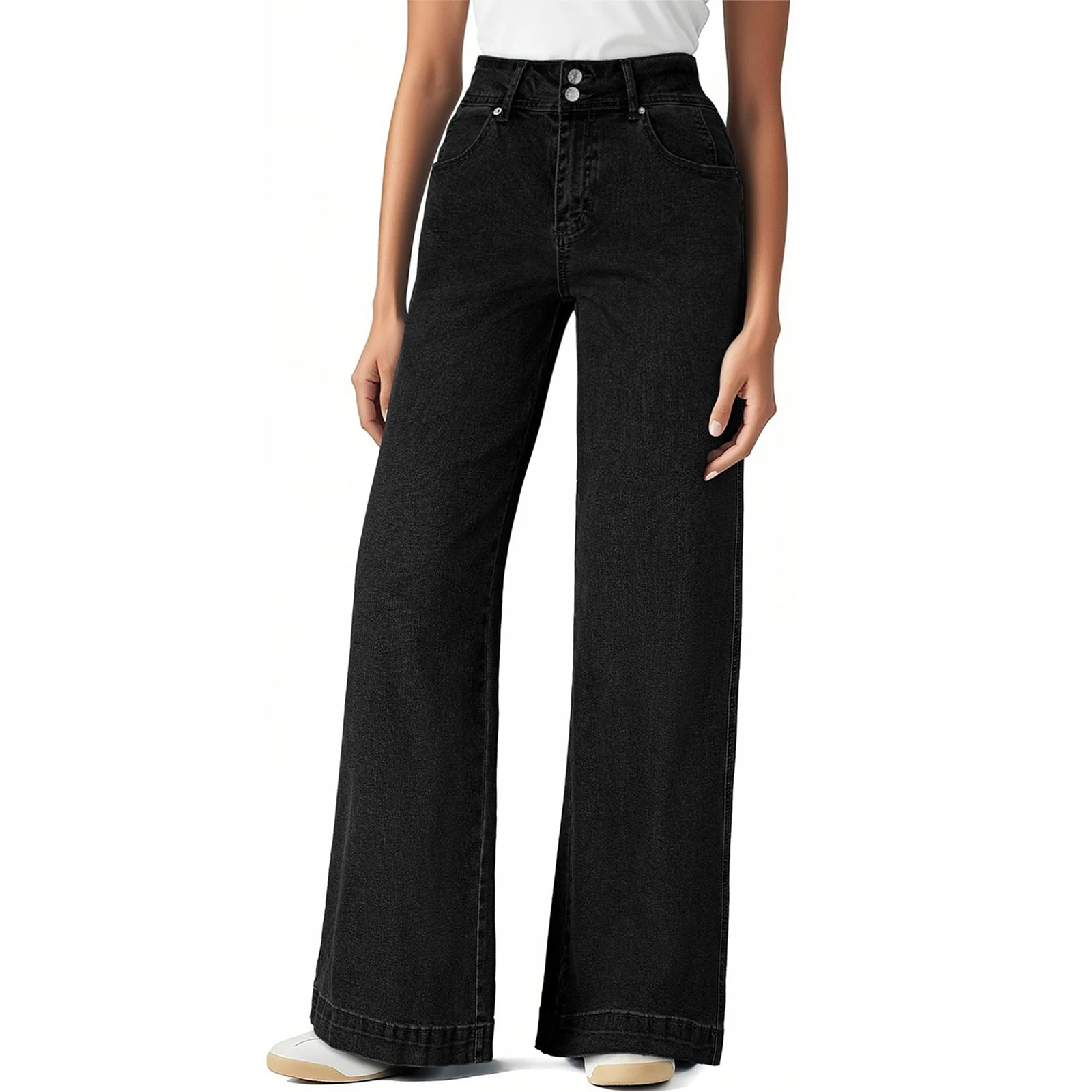 Damskie popularne spodnie jeansowe o prostym kroju, proste, jednokolorowe, z guzikami, wygodne, oddychające, eleganckie spodnie damskie.