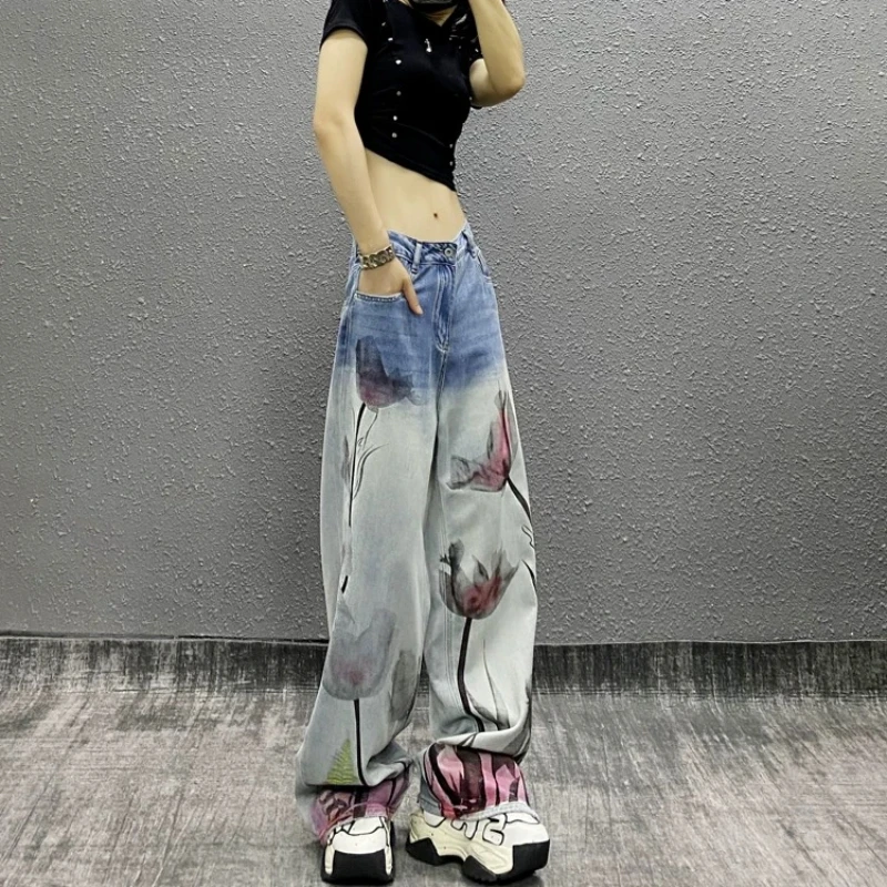 2024 Jeans Women Floral Printing Contrast Color Fashion Baggy Design Casual Trousers Pockets All-match S-XL Creativity Ulzzang